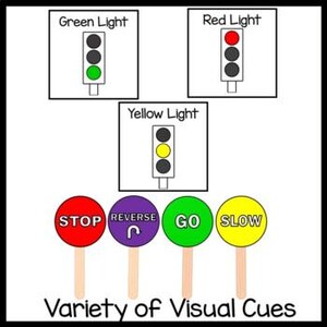 May include: A set of visual cues for teaching road safety. The set includes a red, amber, and green traffic light, as well as four signs: STOP, REVERSE, GO, and SLOW.