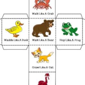 K&ouml;nnte beinhalten: Ein druckbarer Papierw&uuml;rfel mit Tierillustrationen und Aktionsanweisungen. Die W&uuml;rfelfl&auml;chen zeigen eine Krabbe, Ente, B&auml;r, Frosch, Katze und Schlange, mit Texten wie "Gehe wie eine Krabbe" und "Schl&auml;ngle dich wie eine Schlange".