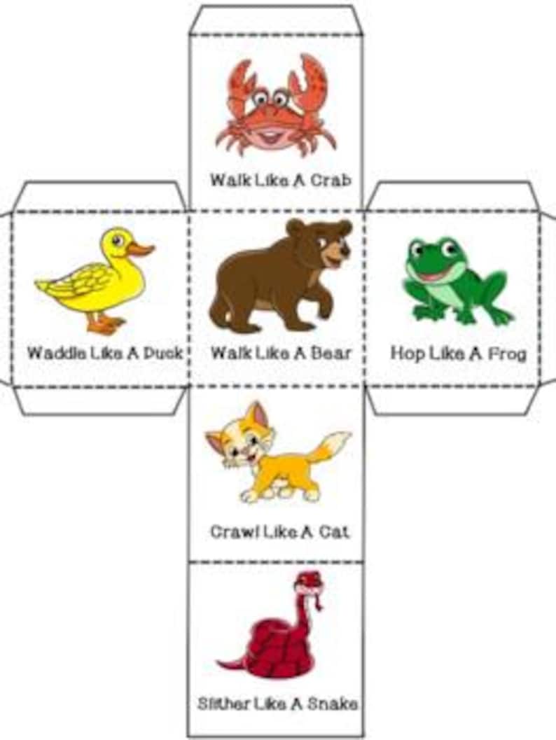 K&ouml;nnte beinhalten: Ein druckbarer Papierw&uuml;rfel mit Tierillustrationen und Aktionsanweisungen. Die W&uuml;rfelfl&auml;chen zeigen eine Krabbe, Ente, B&auml;r, Frosch, Katze und Schlange, mit Texten wie "Gehe wie eine Krabbe" und "Schl&auml;ngle dich wie eine Schlange".