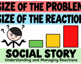 Può includere: Un grafico educativo per una storia sociale con il testo SIZE OF THE PROBLEM e SIZE OF THE REACTION. Include un personaggio stilizzato dei cartoni animati con un'espressione confusa e tre barre verticali nei colori verde, giallo e rosso.