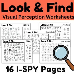 以下が含まれることがあります： 「Look & Find」の視覚認知ワークシートのコレクション。画像には、春、夏、恐竜、宇宙、感情など、さまざまなテーマのページがいくつか表示されています。虫眼鏡が含まれています。テキストは「16 I-SPY Pages」と書かれています。
