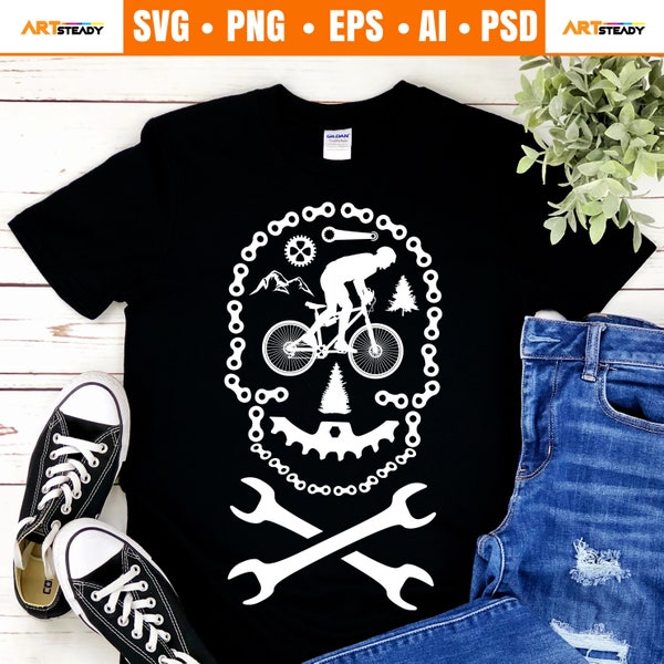 Mountain bike svg files Cool skull skeleton head face artsy MTB or cyclist bicycle svg files