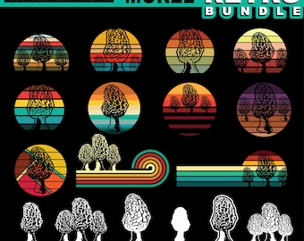 Morel Mushroom SVG PNG Bundle Retro Sunset Forest Forager Fungi Hunting Nature Art Instant Downloads