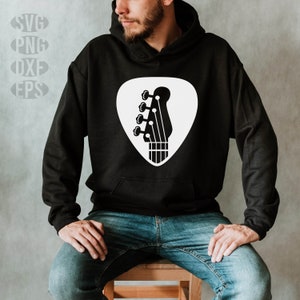 May include: Black hoodie with a white guitar pick design, featuring a black bass guitar headstock graphic. The hoodie has a drawstring hood and a kangaroo pocket. The image also includes the text "SVG, PNG, DXF, EPS".