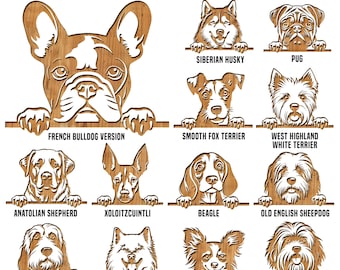 May include: A digital download of 156 laser cut files featuring different dog breeds peeking over a surface. The breeds include French Bulldog, Siberian Husky, Pug, Smooth Fox Terrier, West Highland White Terrier, Anatolian Shepherd, Xoloitzcuintli, Beagle, Old English Sheepdog, Petit Basset Griffon Vendeen, Samoyed, Long Haired Chihuahua, and Tibetan Terrier.