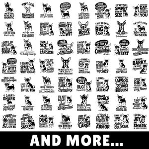 Puede incluir: Una colecci&oacute;n de 36 ilustraciones en blanco y negro con un chihuahua y varios refranes humor&iacute;sticos. Los refranes tratan sobre la personalidad, el tama&ntilde;o y la actitud del perro. El texto incluye frases como "No soy solo una mascota, soy un consultor de sarcasmo", "Perro peque&ntilde;o, gran sarcasmo" y "Traigo mucha energ&iacute;a en un cuerpo peque&ntilde;o".