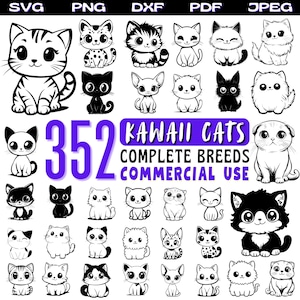 Kawaii Cats Cute Svg Dxf Png Pdf Jpeg Bundle Instant Digital Downloads - Commercial Use