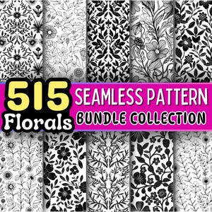 Puede incluir: Una colección de 515 patrones florales sin costuras en blanco y negro. Los patrones están dispuestos en una cuadrícula de 10 filas y 6 columnas. El texto "515 Florals Seamless Pattern Bundle Collection" se muestra en una pancarta rosa en la parte superior de la imagen.