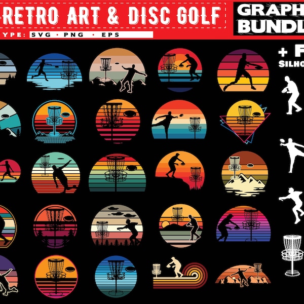 Disc golf svg file art - zonsondergang kunst bundel grafisch thema vintage discgolf frisbee digitale download