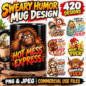 Könnte beinhalten: Ein schwarzer Keramikbecher mit einer Grafik eines verwirrten Orang-Utans und dem Text HOT MESS EXPRESS. Rechts daneben zeigt ein Raster sechs weitere Designs mit Tieren und humorvollen Texten, darunter Phrasen wie FRESH OUT OF FUCKS.