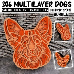 Könnte beinhalten: Ein digitaler Download von 306 mehrschichtigen Hundefiles im SVG-, DXF-, PDF- und EPS-Format zum Laserschneiden. Das Bild zeigt einen mehrschichtigen Holzausschnitt eines Hundekopfes vor einem Ziegelhintergrund.