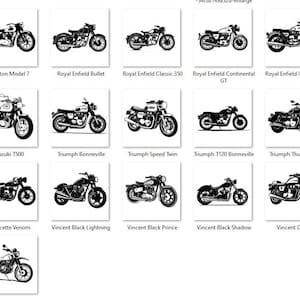 May include: A collection of vintage motorcycle silhouettes, including popular brands like Norton, Royal Enfield, Suzuki, Triumph, Velocette, and Vincent. Each silhouette is black and white, showcasing the classic design of these motorcycles.