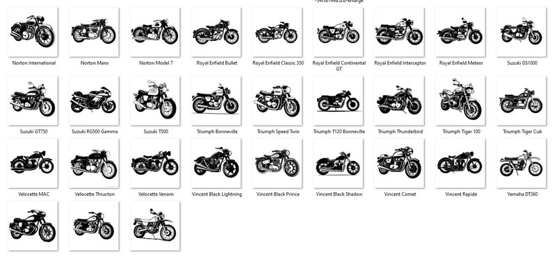 May include: A collection of vintage motorcycle silhouettes, including popular brands like Norton, Royal Enfield, Suzuki, Triumph, Velocette, and Vincent. Each silhouette is black and white, showcasing the classic design of these motorcycles.