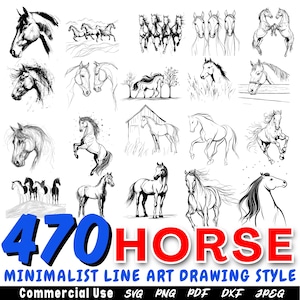 Paquete SVG de arte lineal de caballos minimalistas / Archivos de corte de dibujos de caballos elegantes para Cricut / Diseños de siluetas ecuestres / Uso comercial