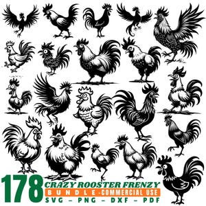 Puede incluir: Una colección de 178 ilustraciones de gallos en blanco y negro en varias poses. La imagen incluye el texto "CRAZY ROOSTER FRENZY BUNDLE - COMMERCIAL USE SVG - PNG - DXF - PDF". Los gallos están representados con plumas detalladas y diferentes expresiones.