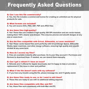 K&ouml;nnte beinhalten: Ein digitales FAQ-Blatt mit dem Titel &bdquo;H&auml;ufig gestellte Fragen&ldquo;. Es beantwortet Fragen zur kommerziellen Nutzung, Dateiformaten (SVG, PNG, DXF, PDF, JPEG), Dateiqualit&auml;t, Kompatibilit&auml;t mit Schneidemaschinen, Dateizugriff, R&uuml;ckerstattungen, Softwareproblemen und Dateikompatibilit&auml;t.