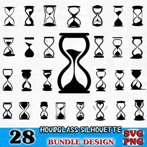 May include: A set of 28 black hourglass silhouette SVG and PNG digital files. The hourglasses are in various shapes and sizes, with some having sand inside and others empty.