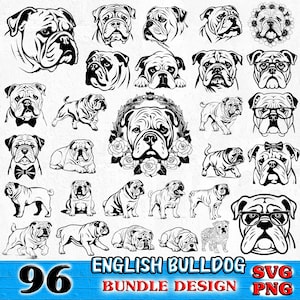 Peut inclure: Un ensemble de 96 fichiers numériques SVG et PNG d'English Bulldog en noir et blanc. Les images présentent diverses poses et expressions de la race, notamment un bouledogue portant des lunettes, un bouledogue avec un nœud papillon et un bouledogue avec une couronne de fleurs.