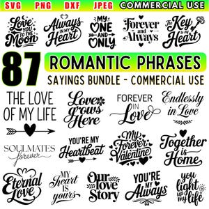 Frases românticas SVG | Pacote de citações de amor SVG | Arquivos DXF de ditados de casais | Designs Cricut para uso comercial