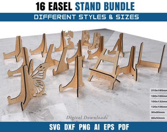 May include: A collection of 16 wooden easel stands in various styles and sizes. Some stands feature decorative cutouts, including a butterfly and a tree. The image includes text that reads "16 EASEL STAND BUNDLE" and size dimensions in millimeters.