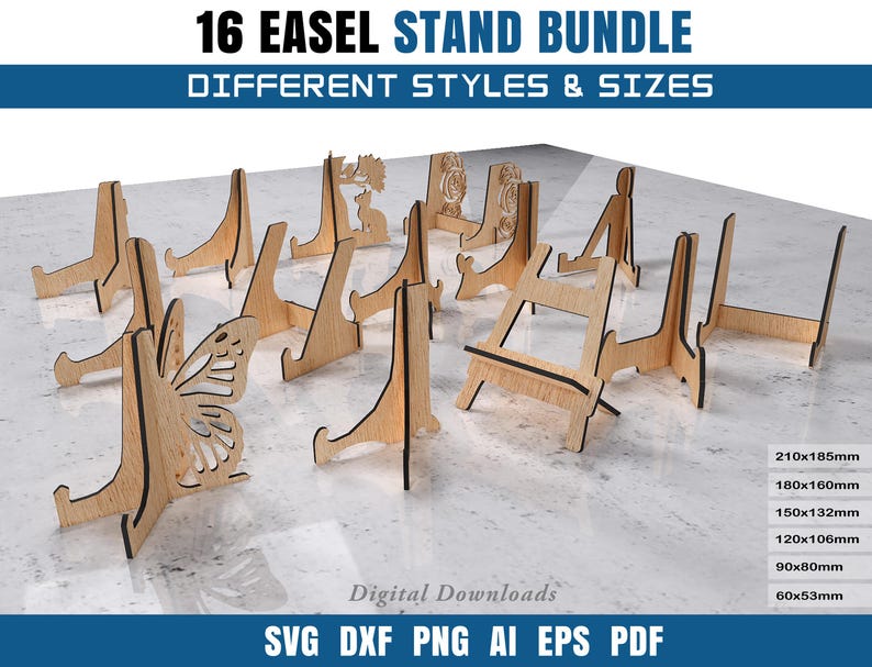 May include: A collection of 16 wooden easel stands in various styles and sizes. Some stands feature decorative cutouts, including a butterfly and a tree. The image includes text that reads "16 EASEL STAND BUNDLE" and size dimensions in millimeters.