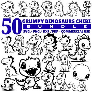 May include: Black and white illustration of 50 grumpy dinosaur chibi characters. The image includes the text "50 GRUMPY DINOSAURS CHIBI BUNDLE SVG/PNG/DXF/PDF - COMMERCIAL USE". Each dinosaur has a unique design and expression.