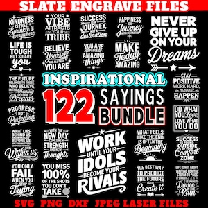 May include: A black background with 122 inspirational sayings in a red and white bundle. The sayings are in a variety of fonts and styles, and include phrases like "Work until your idols become your rivals" and "The future belongs to those who believe in the beauty of their dreams".