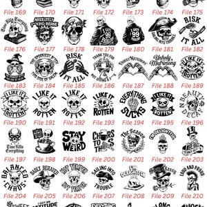 K&ouml;nnte beinhalten: Eine Katalogseite mit zahlreichen schwarz-wei&szlig;en Sch&auml;deldesigns mit verschiedenen Phrasen. Die Designs enthalten S&auml;tze wie "Living Dead", "Hell Raiser" und "I Like It Rotten". Der Katalog ist mit "Katalog 3" beschriftet.