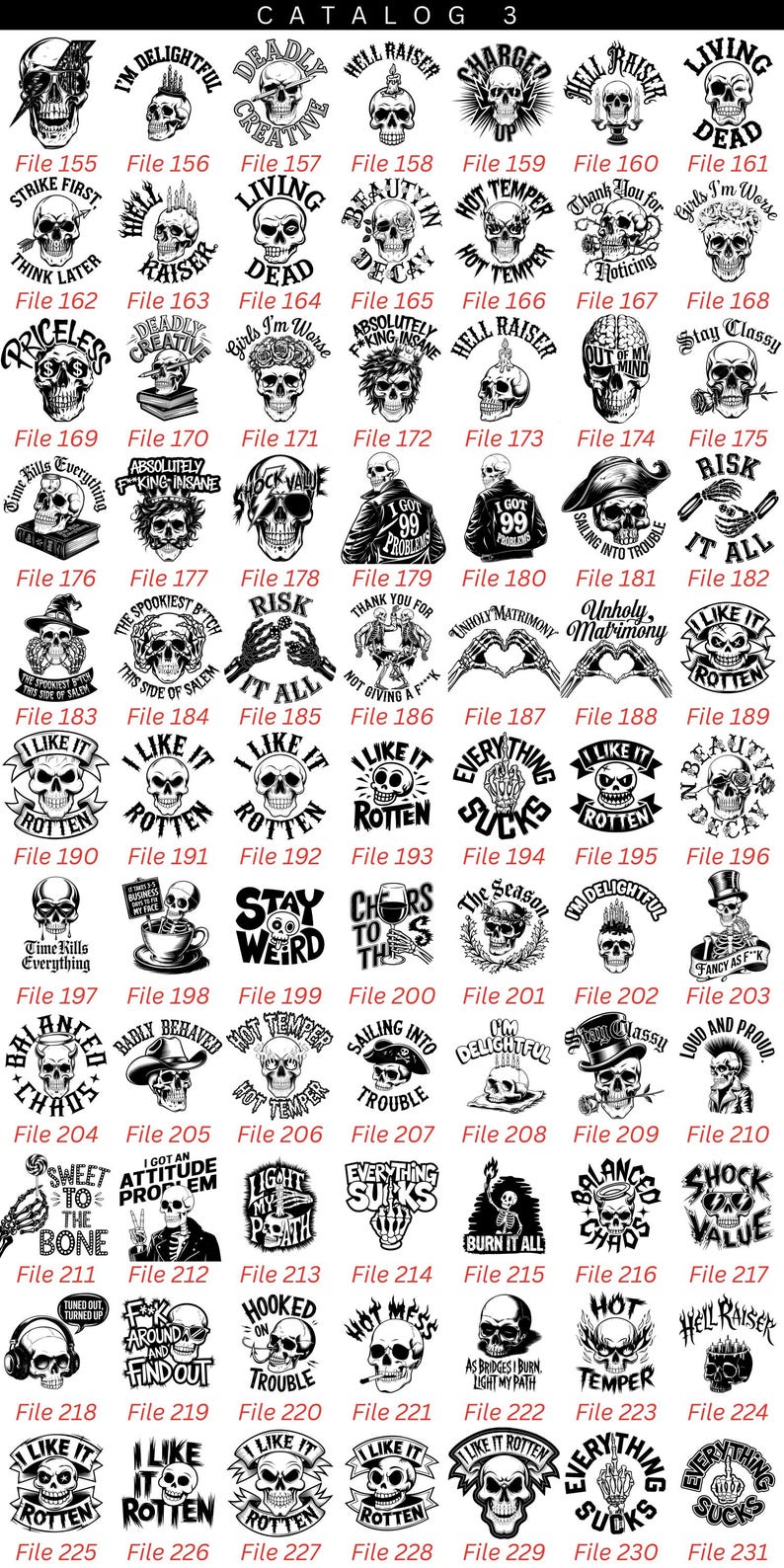 K&ouml;nnte beinhalten: Eine Katalogseite mit zahlreichen schwarz-wei&szlig;en Sch&auml;deldesigns mit verschiedenen Phrasen. Die Designs enthalten S&auml;tze wie "Living Dead", "Hell Raiser" und "I Like It Rotten". Der Katalog ist mit "Katalog 3" beschriftet.