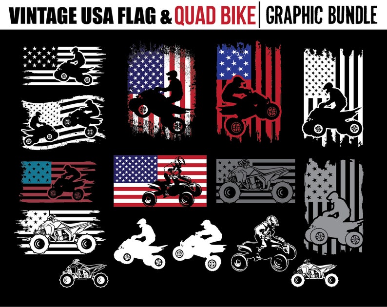 Op de afbeelding: Een grafische bundel met vintage USA-vlagontwerpen met quad bike-silhouetten. De ontwerpen bevatten verschillende kleurenschema's en versleten texturen, met de tekst "VINTAGE USA FLAG & QUAD BIKE GRAPHIC BUNDLE" bovenaan.