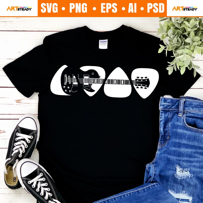 May include: A black t-shirt with a white graphic of a guitar inside three guitar picks.