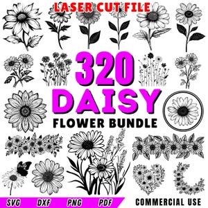 Gänseblümchen Blume Laser Cut Dateien | Gänseblümchen SVG-Bundle für Laserschneiden | Blumenmuster DXF-Dateien | Daisy Vektor-Designs | Gänseblümchen CNC-Muster