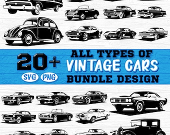 May include: A collection of 20+ vintage car silhouette designs in black and white. The designs are perfect for crafting, scrapbooking, and other creative projects. The text on the image reads "20+ All Types of Vintage Cars Bundle Design SVG PNG".
