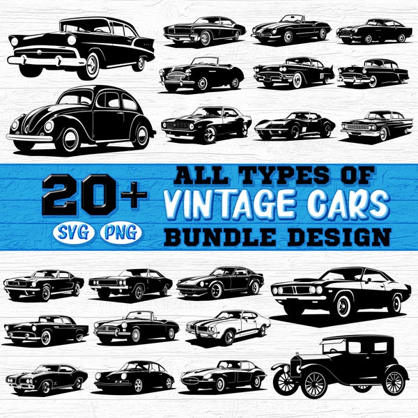 Vintage Cars Bundle SVG, PNG - Classic old car lover  instant digital downloads