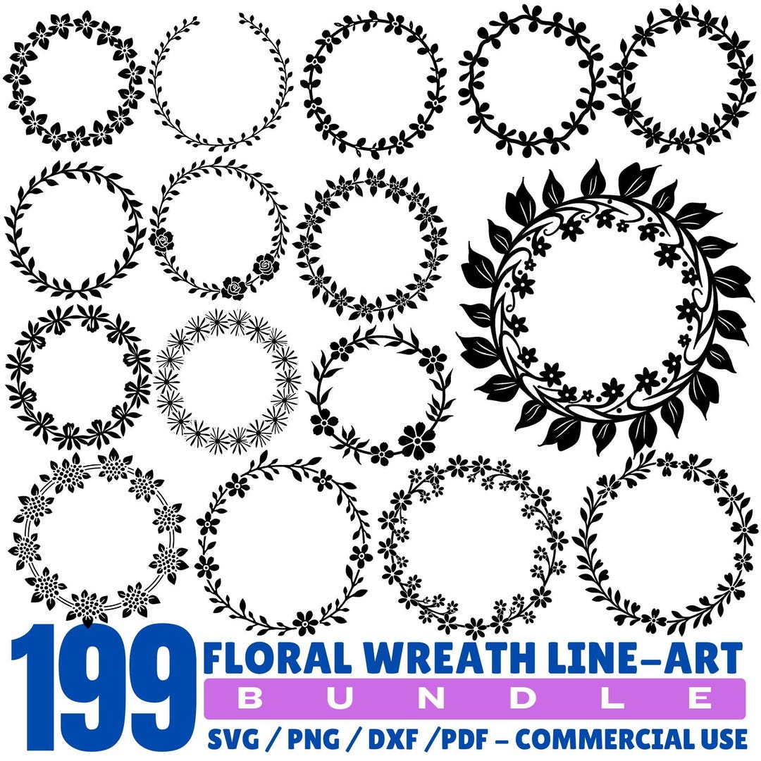 Floral Wreath Line-art Svg Png Pdf & Dxf Bundle for Crafting Instant ...