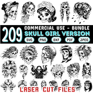 Skull Girl Version SVG DXF Bundle | Laser Cut Ready Designs | Sugar Skull Woman Patterns | Tattoo Style Templates | CNC Compatible