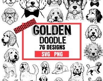 May include: A collection of 76 black and white illustrations of Golden Doodle dogs in various poses, including wearing glasses, bowties, and sunglasses. The text "GOLDEN DOODLE 76 DESIGNS SVG PNG" is displayed in a red box with white polka dots.