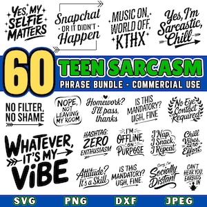 Puede incluir: Un diseño gráfico en blanco y negro con 60 frases de sarcasmo adolescente. Las frases están escritas en una variedad de fuentes y estilos. El texto incluye frases como "Sí, mis selfies importan", "Snapchat o no pasó", "Música encendida, mundo apagado, KTHX", "Sí, soy sarcástico, relájate", "Sin filtro, sin vergüenza", "No, no salgo de mi habitación", "¿Tarea? La aprobaré, gracias", "¿Es obligatorio? Ah, está bien", "No se requiere contacto visual", "Lo que sea, es mi vibra", "Hashtag: cero entusiasmo", "Estoy fuera de línea, a propósito", "Duermo, como, repito", "Vibras tranquilas, cero esfuerzo", "¿Actitud? Es una habilidad", "¿Es obligatorio? Ah, está bien", "Lo siento, estoy socialmente distante", "No te puedo oír, auriculares puestos".