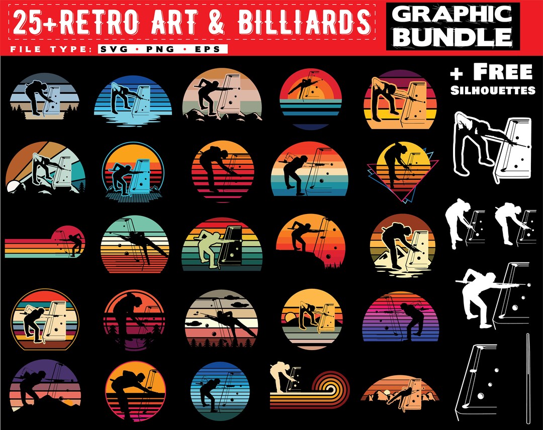 Billiards Svg Files Sunset Art Bundle Graphic Theme Vintage Pool Sport