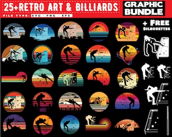May include: A set of 25 retro-style illustrations featuring people playing billiards. The illustrations are in a variety of colours and styles, and include silhouettes of people playing billiards. The text "25+ RETRO ART & BILLIARDS GRAPHIC BUNDLE + FREE SILHOUETTES" is at the top of the image.
