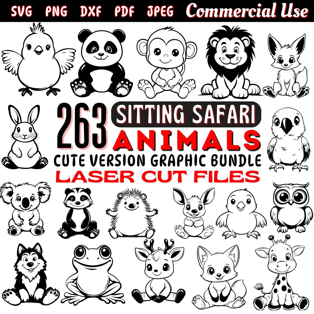 Laser Cut Files Cute Sitting Safari Animals Svg Dxf Png Pdf Jpeg Bundle ...