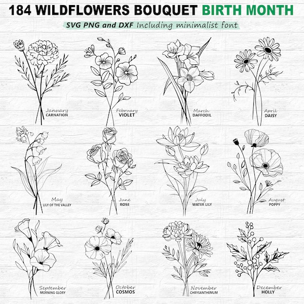 Bundle de Png et Dxf de fleurs sauvages pour le mois de naissance 184 graphiques - fleurs sauvages pour le mois de naissance 12 mois de naissance svg botanique téléchargements instantanés