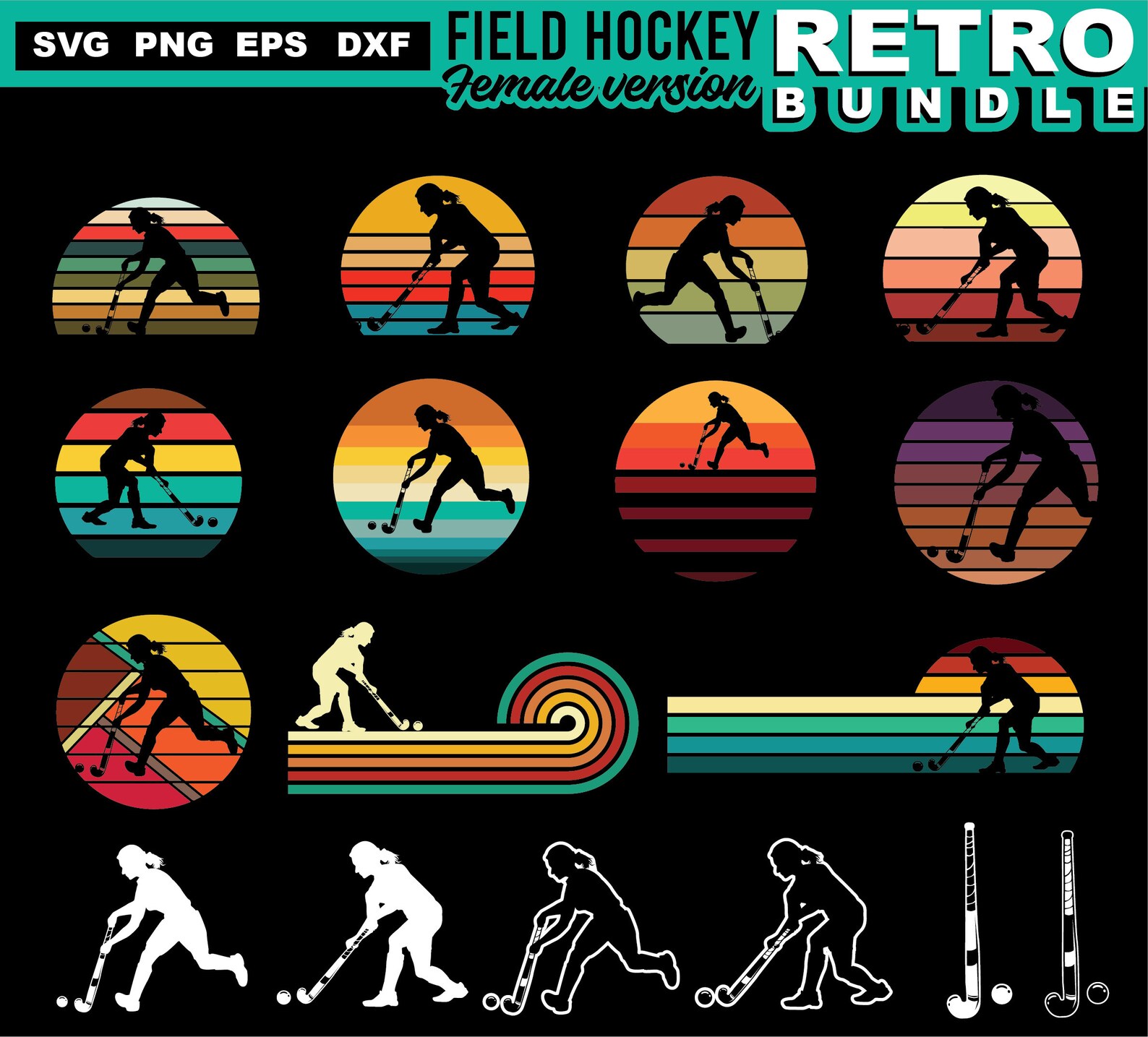 Field Hockey Svg & Png Bundle Female Retro Theme Sports Graphic Art ...