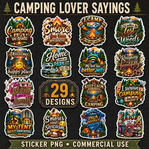 Op de afbeelding: Een verzameling van 29 kleurrijke stickers met een kampeerthema, voorzien van diverse buitenillustraties, waaronder tenten, kampvuren, s'mores en recreatievoertuigen, vergezeld van humoristische tekstslogans over kamperen.