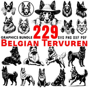 Könnte beinhalten: Ein Set mit 229 Schwarzweiß-Vektorgrafiken von Belgischen Schäferhunden in verschiedenen Posen. Die Grafiken sind perfekt für den Einsatz in digitalen Projekten, Kunsthandwerk und mehr. Der Text "GRAPHICS BUNDLE" und "BELGIAN TERVUREN" ist im Bild enthalten. SVG PNG DXF PDF.