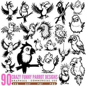 May include: A collection of 20 black and white parrot designs in various poses. The image includes parrots perched on branches, with wings spread, and in cartoonish styles. Text at the bottom reads "90 CRAZY FUNNY PARROT DESIGNS" with file type options.
