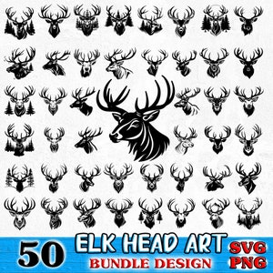 Può includere: Un set di 50 illustrazioni di teste di alci in bianco e nero. Le teste di alci sono in varie pose e stili. Il testo "Elk Head Art" e "Bundle Design" è in basso nell'immagine. Il testo "SVG PNG" è in basso a destra dell'immagine.