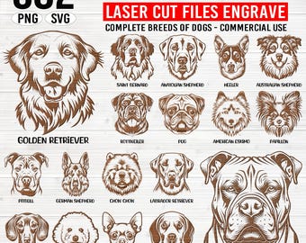 May include: A digital design featuring 682 dog head illustrations, including breeds like Golden Retriever, Rottweiler, and Pug. The text reads "DOG HEADS" and "LASER CUT FILES ENGRAVE". The design is for commercial use and available in PNG and SVG formats.