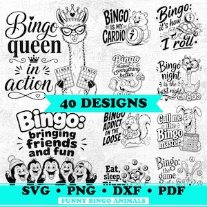 Peut inclure: Une collection de 40 motifs graphiques numériques en noir et blanc représentant divers animaux jouant au bingo, dont un lama, un hamster, une tortue, un éléphant, un écureuil et des pingouins, avec des textes comme Bingo Queen in Action.
