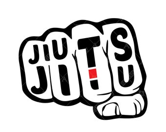 Peut inclure: Graphique noir et blanc d'un poing serré avec le mot "JIU JITSU" en lettres grasses et stylisées. La lettre "T" comporte un petit carré rouge. L'image a un design épuré et moderne, adapté aux amateurs d'arts martiaux.